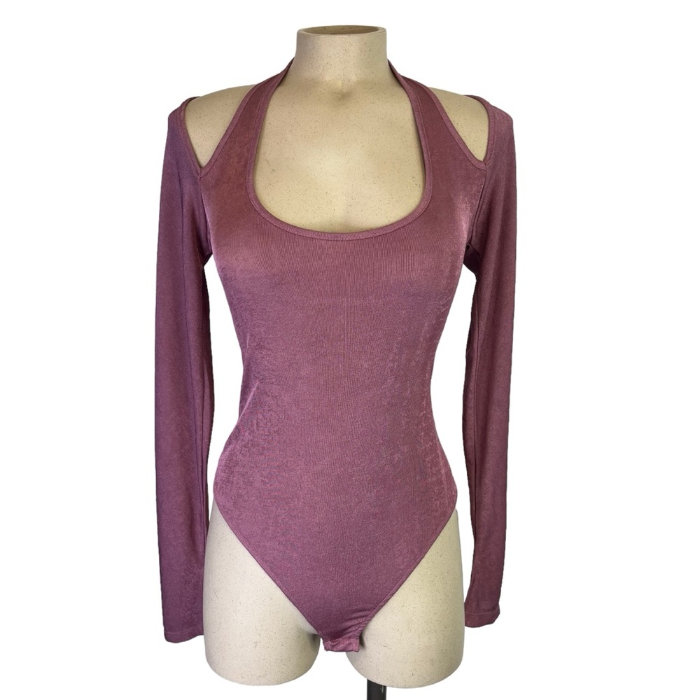 NWT FREE PEOPLE Women's Cut Out Bodysuit in Shimmery Dark Pink Medium Halter